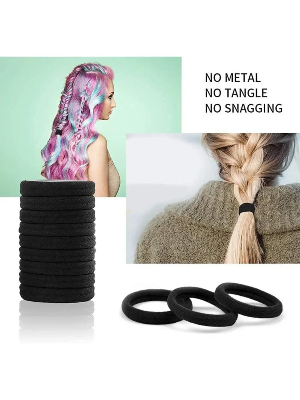 100PCS Seamless Black Hair Ties for Women - No Crease Cotton Hair Bands